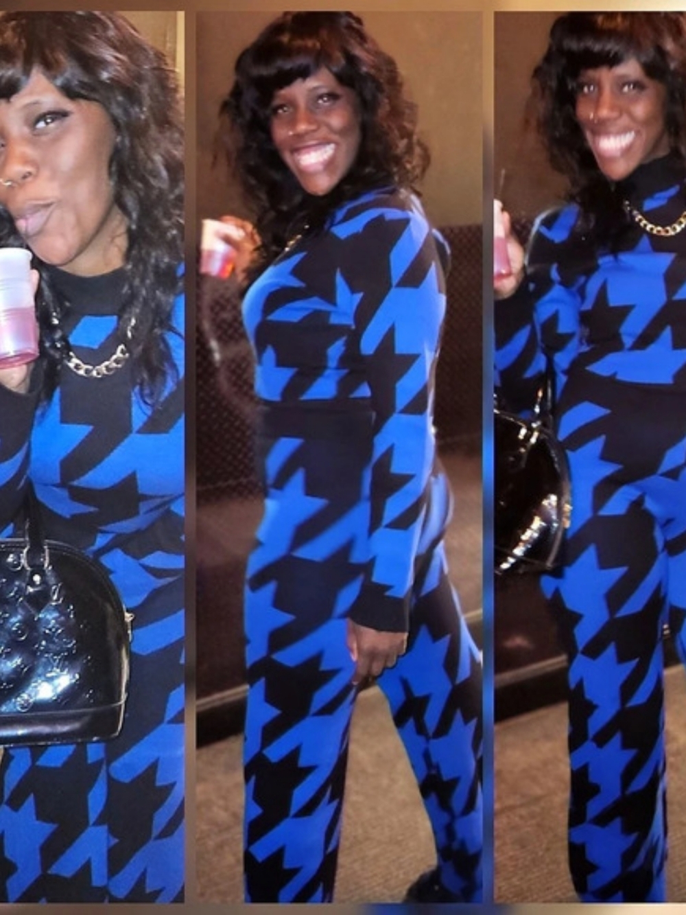 Blue & Black Houndstooth Knit Jumpsuit Like New
